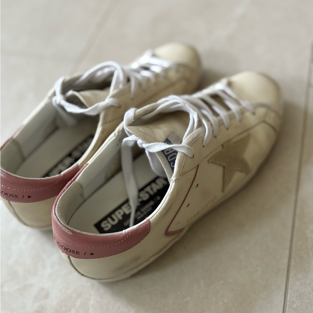 Golden Goose Cream Leather Sneakers with Pink Heel Tab